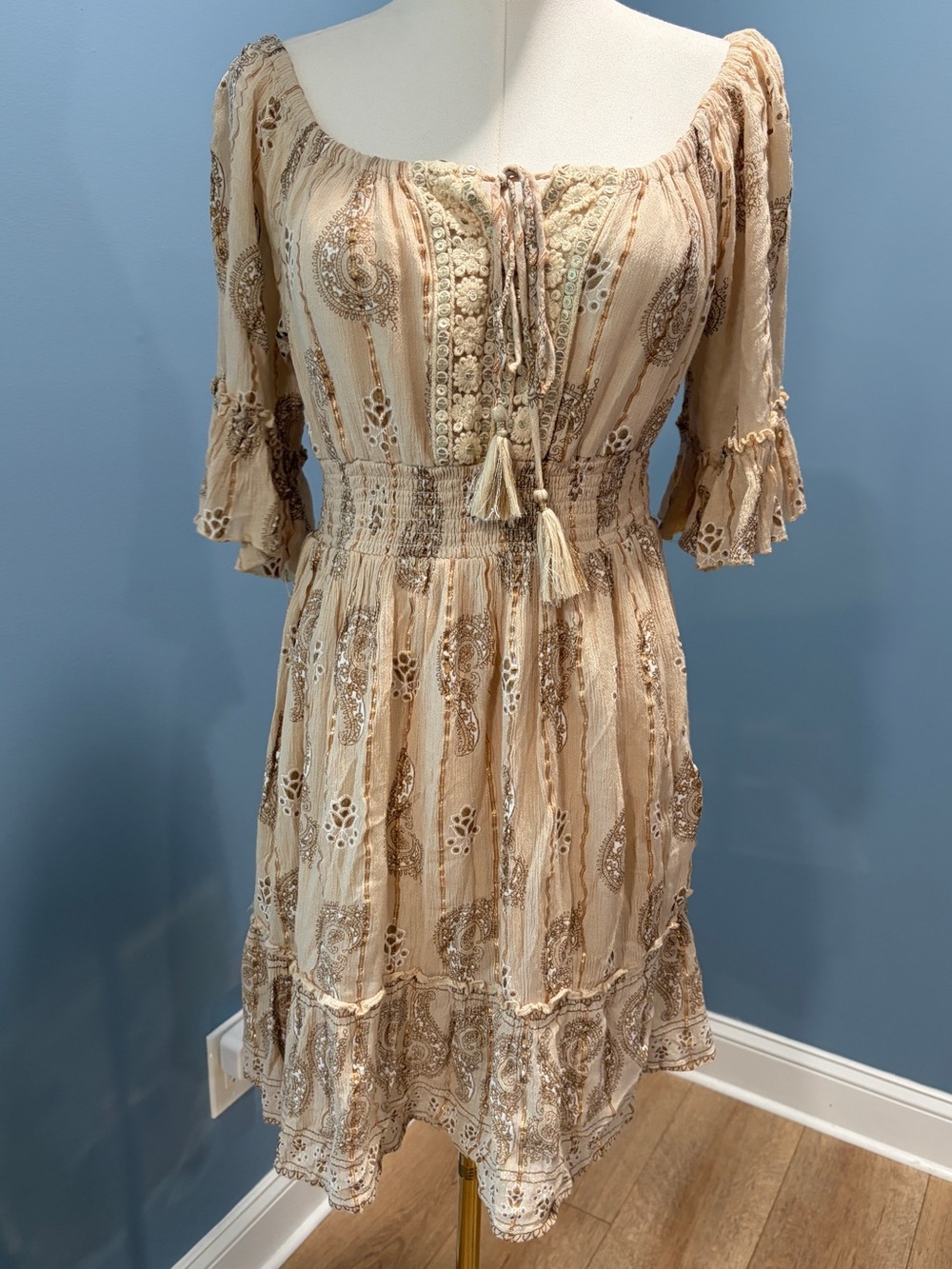 Ananta Beige Paisley Embroidered Boho Mini Dress Tassel Tie S/M